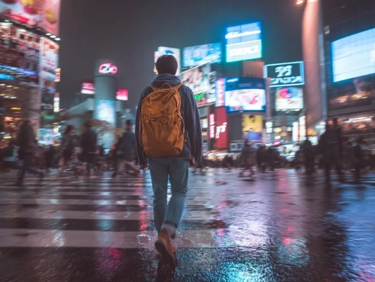 Backpacker menjelajahi jalanan Tokyo yang semarak dengan anggaran hemat — papan neon, kios makanan lokal, dan suasana perpaduan modern dan tradisional