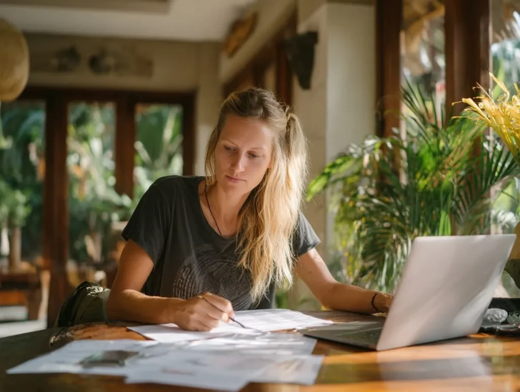 台湾ビザ申請の書類チェックリスト：パスポート、申請フォーム、航空券、ホテル予約、銀行残高証明書がテーブルに並んでいる