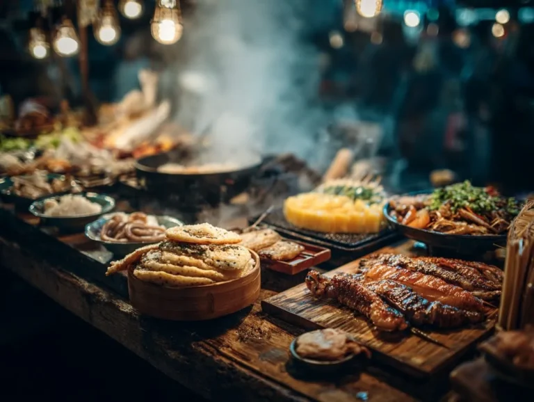 Makanan kaki lima Taiwan yang menggugah selera di pasar malam — pepper bun, omelet tiram, dan lu rou fan di bawah lampu neon