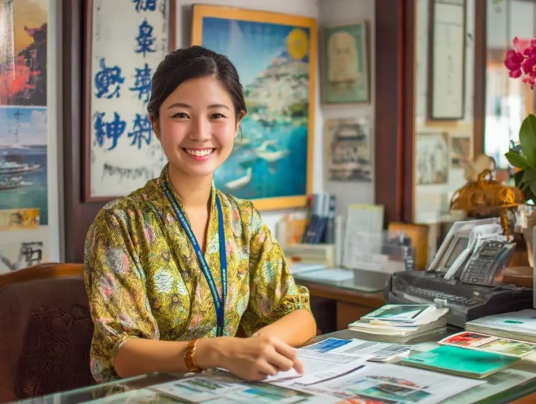 バリで日本ビザを申請する外国人旅行者。桜や寿司のある東京旅行を夢見ている様子。
