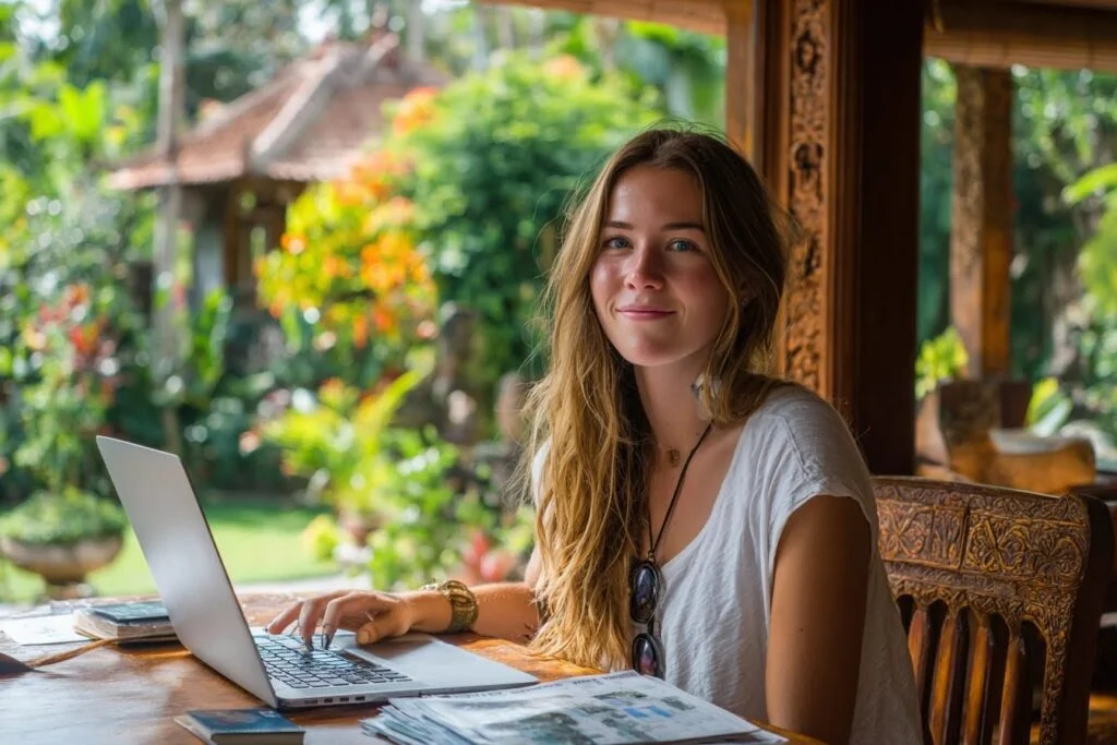 Процесс онлайн-подачи на e-визу в Индию для иностранцев на Бали: экран ноутбука с визовой формой, скан паспорта, цифровое фото и кредитная карта для оплаты