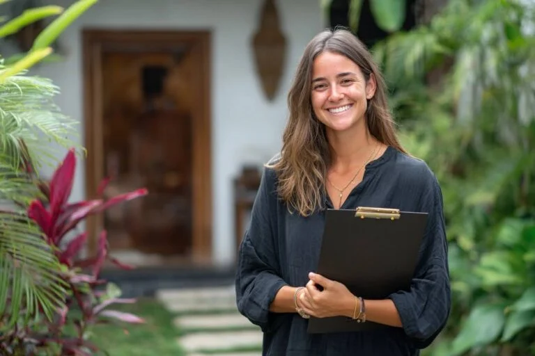 Wisatawan asing di Bali menyiapkan aplikasi visa Irlandia, dengan paspor, formulir visa, tiket pesawat, reservasi hotel, dan laporan bank tertata rapi di meja.