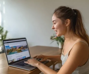 Mengajukan visa Rusia online dari Bali, dengan laptop yang menampilkan formulir aplikasi, paspor, asuransi perjalanan, tiket pesawat, dan pemesanan hotel di atas meja dengan latar belakang tropis
