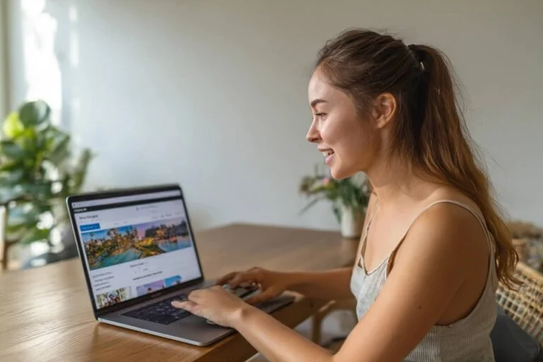 Mengajukan visa Rusia online dari Bali, dengan laptop yang menampilkan formulir aplikasi, paspor, asuransi perjalanan, tiket pesawat, dan pemesanan hotel di atas meja dengan latar belakang tropis