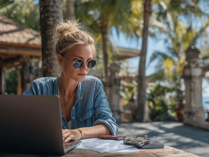 Expat in Bali preparing Indian visa documents on a laptop, including passport, flight booking, hotel reservation, and financial proof, ready for smooth application process
