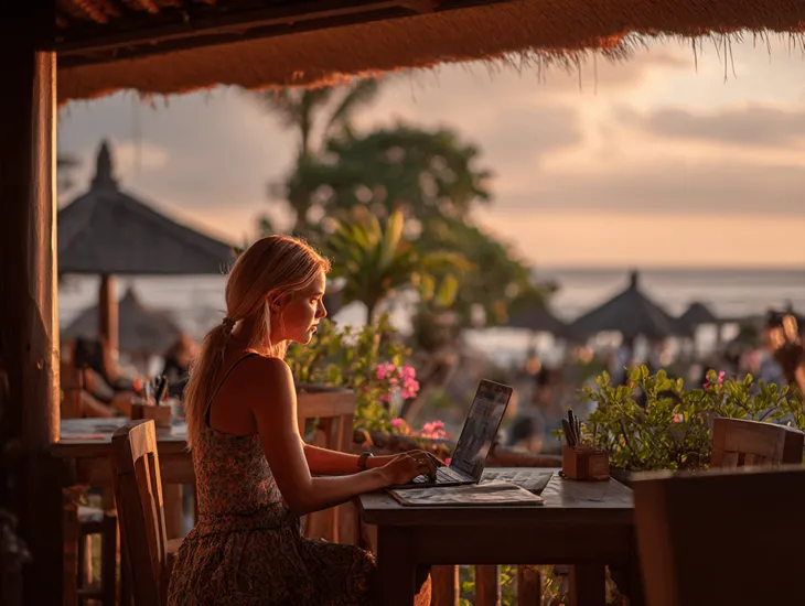 Real-life South Africa visa application for Indonesians and expats in Bali, showing passport, flight ticket, hotel booking, and bank statement documents on a tropical table setting
